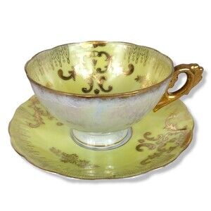Royal Sealy Lusterware Japan Porcelain Yellow Tea Cup & Saucer Gold Design VTG